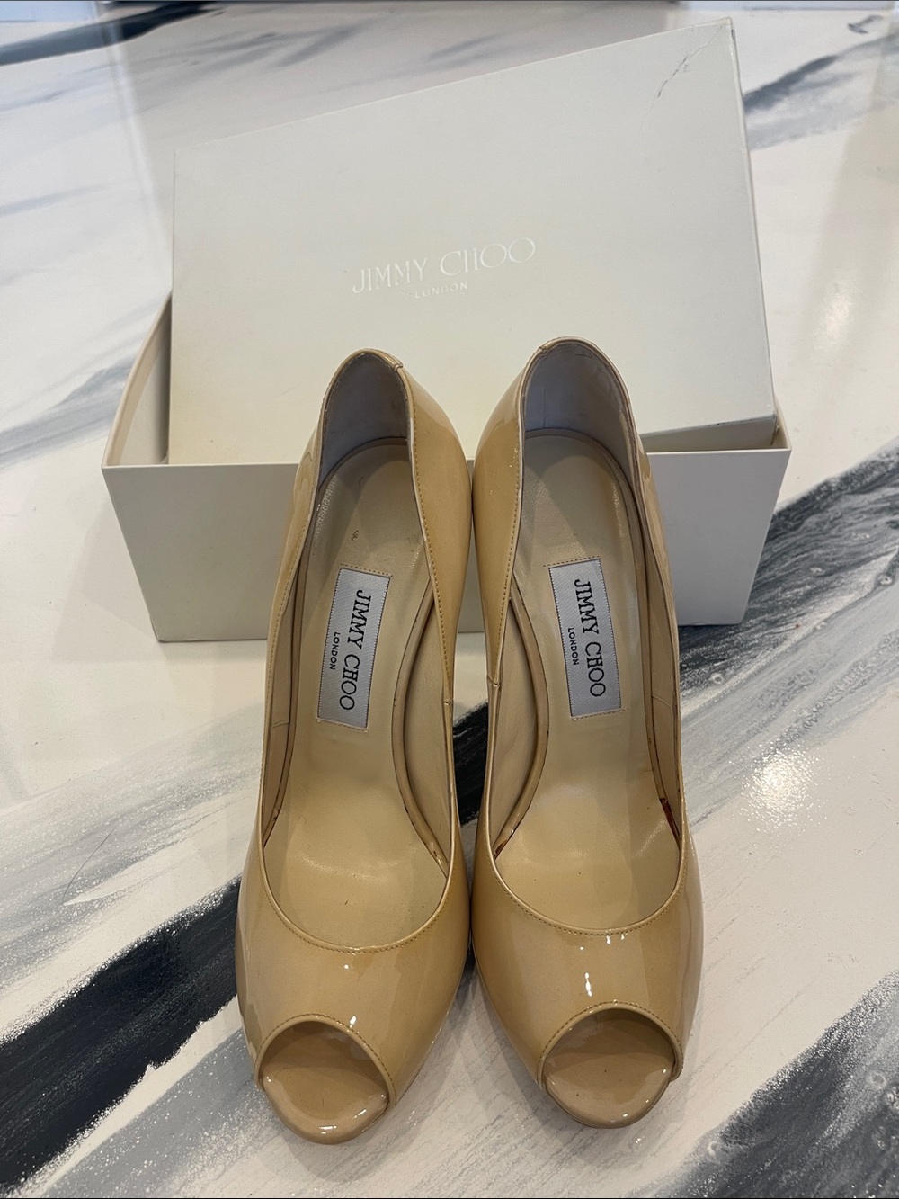 Jimmy Choo Beige Patent Leather Peep-Toe Pumps